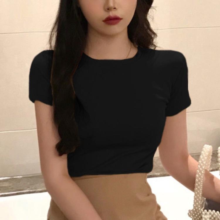 Летние женские облегающие укороченные топы, футболки с короткими рукавами, повседневные футболки с круглым вырезом, пуловер, чистый цвет
