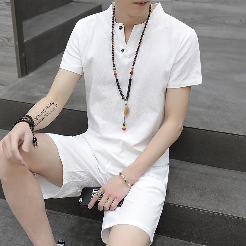 Мужской льняной костюм в китайском стиле с короткими рукавами в стиле Тан и комплект из двух предметов в стиле ханьфу в стиле Чжуншань-дзен