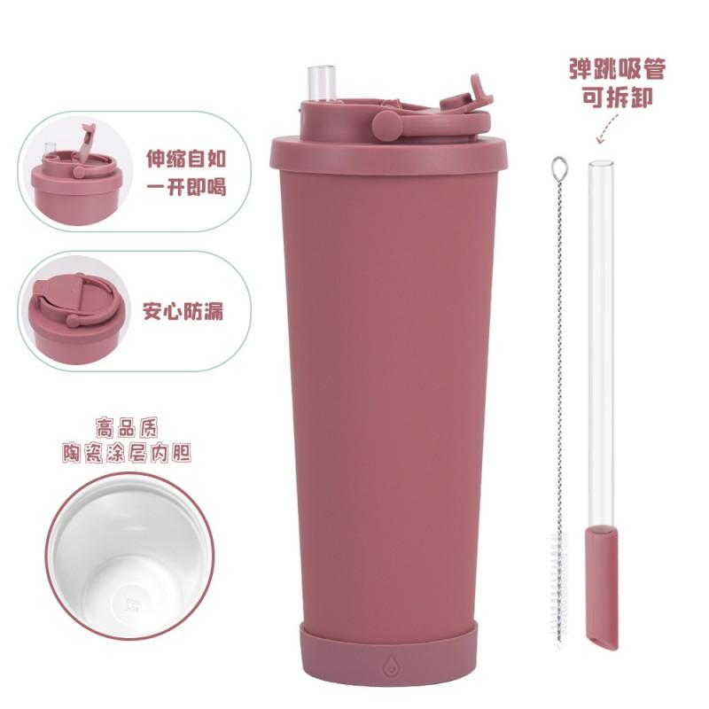 830ml Stainless Steel Vacuum Insulated Tumbler With Retractable Straw Lid Portable Handle Bubble Tea Travel Gym Car