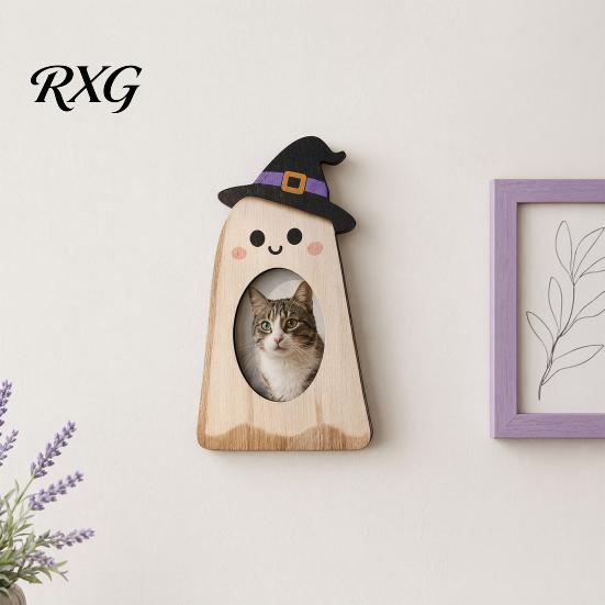 Ghost Theme Home Ornament Halloween Wooden Photo Frame, Pumpkin/Ghost Picture Frame for Wall Rustic Wood Holiday Gift Hanging or Desktop Display,