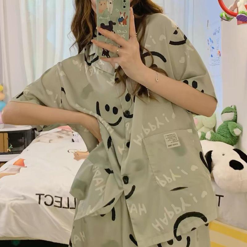 Женская пижама из ледяного шелка, летняя свободная и роскошная тонкая домашняя одежда с короткими рукавами