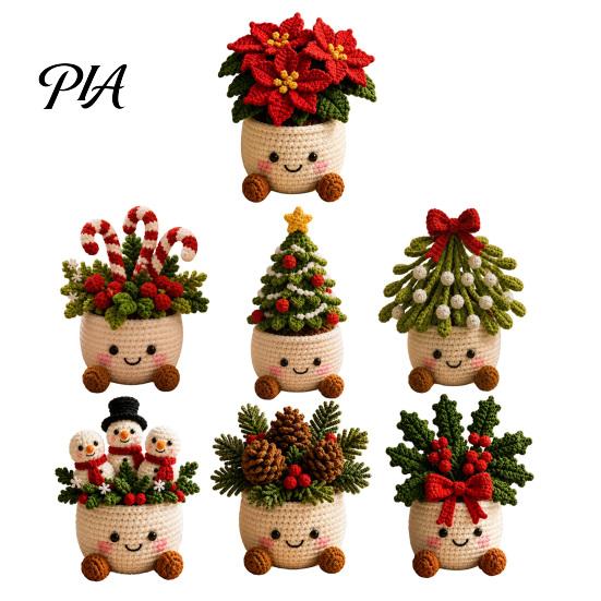 Soft Healing Holiday Ornaments Simulated Crochet Christmas Potted Decor, Knitted Mini Artificial Tree Flower Wool Knitting Plants Ornament,