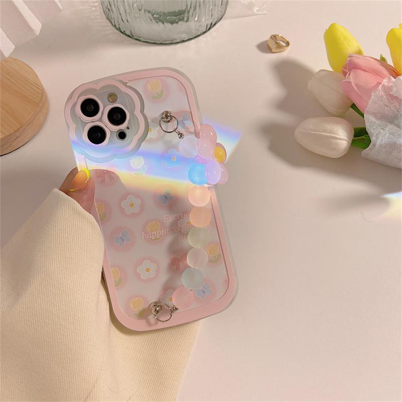 Korea Cute 3d Clear Flower Beads Bracelet Lens Protective Phone Case For Iphone 13 12 11 Pro Xs Max X Xr Shockproof Soft Cover