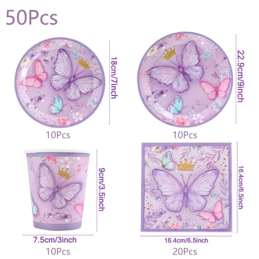 Purple Butterfly Party Supplies Disposable Tableware Set Paper Plates Cups Napkins Banner Girl Happy Birthday Baby Shower Decor