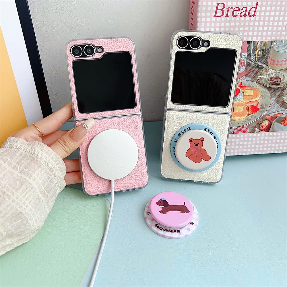 Магнитный держатель Чехол из ПУ кожи для телефона Samsung Galaxy Z Flip 7 6 5 4 Flip7 Flip6 Flip5 Flip4 Прозрачный край Защитная крышка