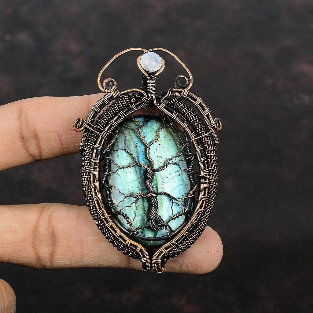 Tree Of Life Labradorite Pendant Copper Wire Wrapped Pendant Handmade Jewelry Rainbow Moonstone Pendant Gemstone Copper Jewelry Gift For Mom