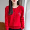 Корейский красный вязаный кардиган с вышивкой Little Pony, круглый вырез: Женский свободный свитер высокого класса