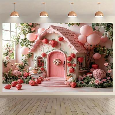 1pc Strawberry House Polyester Fiber Background - Elegant Camera Cloth, with Pink Doors and Rich Green, Strawberry-themed Item