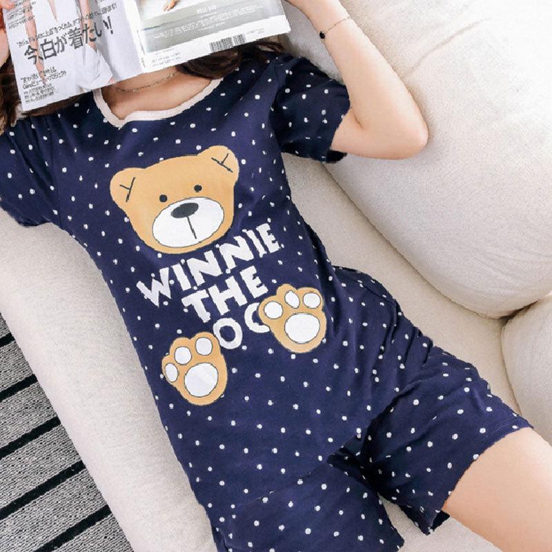 Женский летний пижамный комплект: Круглый вырез, Короткий рукав, Мультяшный принт, Омолаживающая домашняя одежда