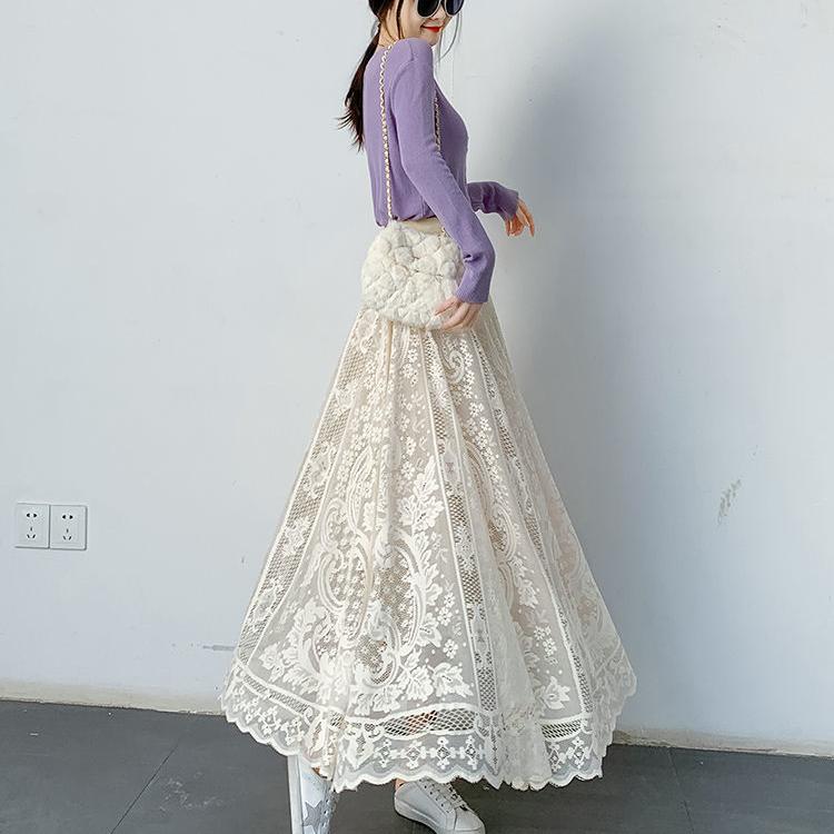 Кружевная женская милая черно-белая плиссированная длинная макси-юбка с высокой талией