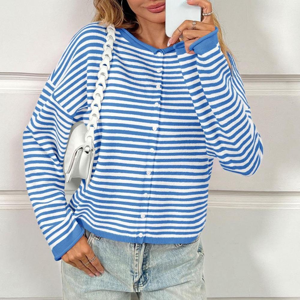 Autumn and Winter Long Sleeved Casual Cardigan Striped Contrasting Sweaters