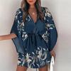 Summer Mini Dress Women Print Batwing Sleeve Lace-Up V Neck Loose Button Dresses Ladies Beach Party Dress