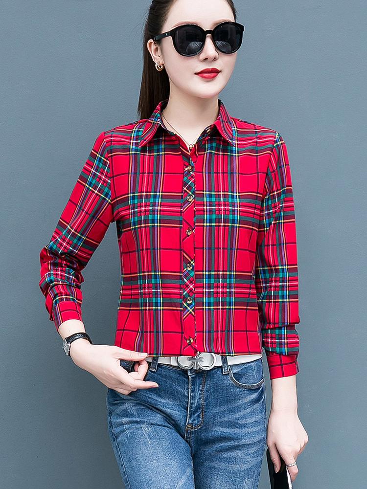 Клетчатая рубашка для женщин, сто женщин, топы, свободная ретро рубашка с длинным рукавом с гонконгским вкусом