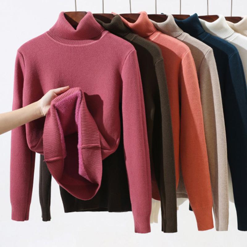 Turtleneck Winter Sweater Women Elegant Thicken Velvet Lined Warm Sueter Knitted Pullover Slim Tops Jersey Knitwear Jumper