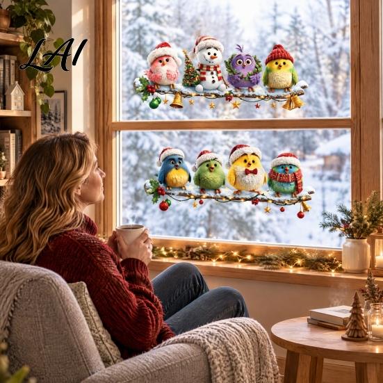 Winter Scene Stickers Christmas Bird Window Clings Colorful Static Glass Decals with Snowman for Xmas No Glue Art Party Home Decor Reusable Seasonal