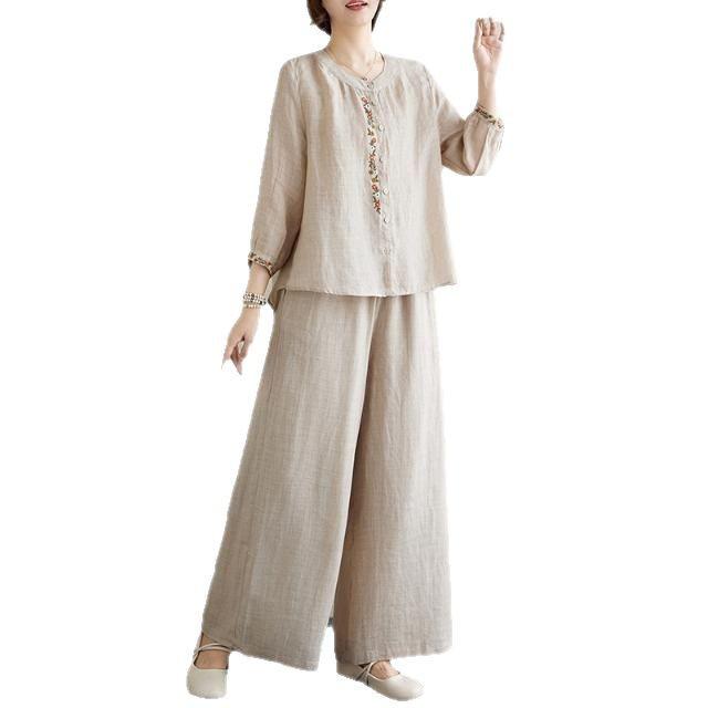 Женский комплект из двух предметов большого размера из хлопка и льна с вышивкой - Весенняя мода