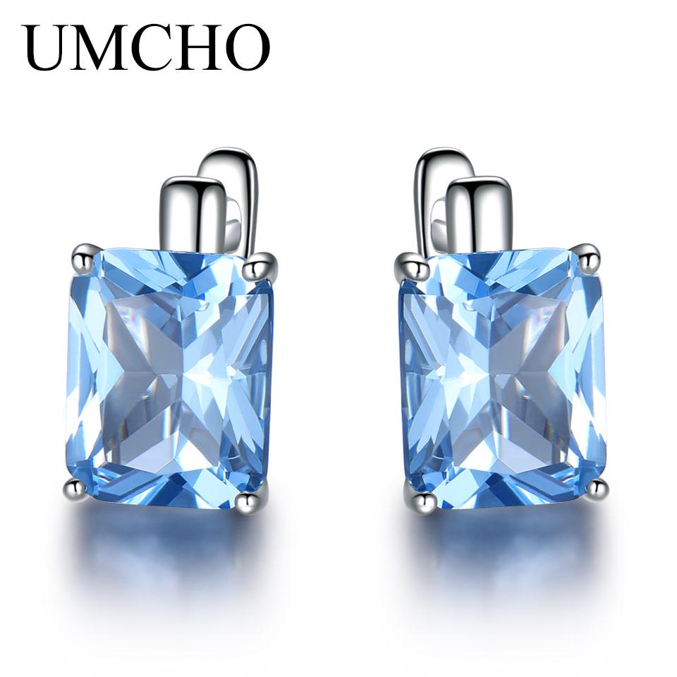 Umcho Luxury 8.0ct Sky Blue Topaz Gemstone Jewelry Clip On Earrings Anniversary Birthday Valentine's Day Jewelry Gifts for Women Wife Her Girls