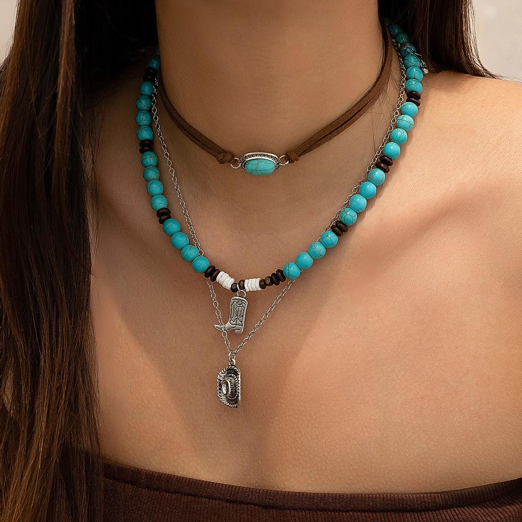 European and American Jewelry Retro Imitation Turquoise Sweater Chain Niche Beaded Necklace Set Ethnic Style Cactus Necklace Decoration