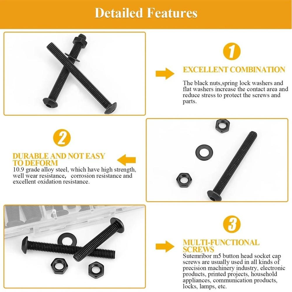 10.9 Grade M5 Black Socket Cap Screws 105pcs Complete Hardware Kit with Nuts Washers for Machinery Maintenance