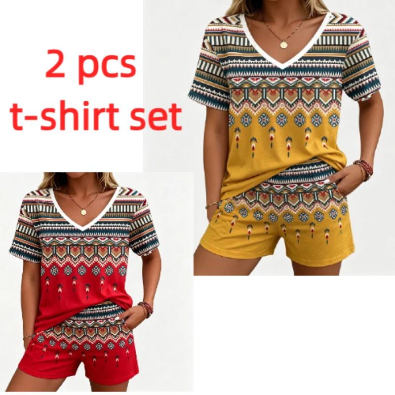 Summer Fashion Ethnic Style Pattern Printed V Neck Short Sleeved T-Shirt And Shorts Set Men's and Women's T-shirt Shorts Set