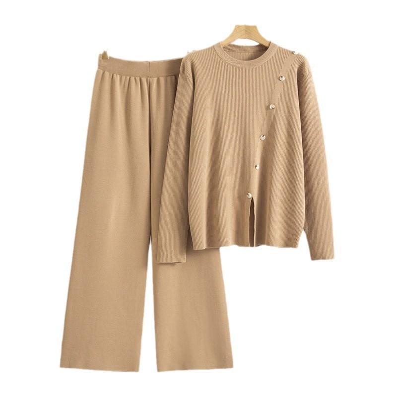 Plus Size Women's Spring New Fashion Knit Retro Casual Wide Leg Pants Two Piece Set