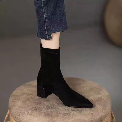 Заостренный носок эластичная замша ПУ Pacthwork короткие сапоги женские облегающие туфли темперамент толстые высокие каблуки ботильоны