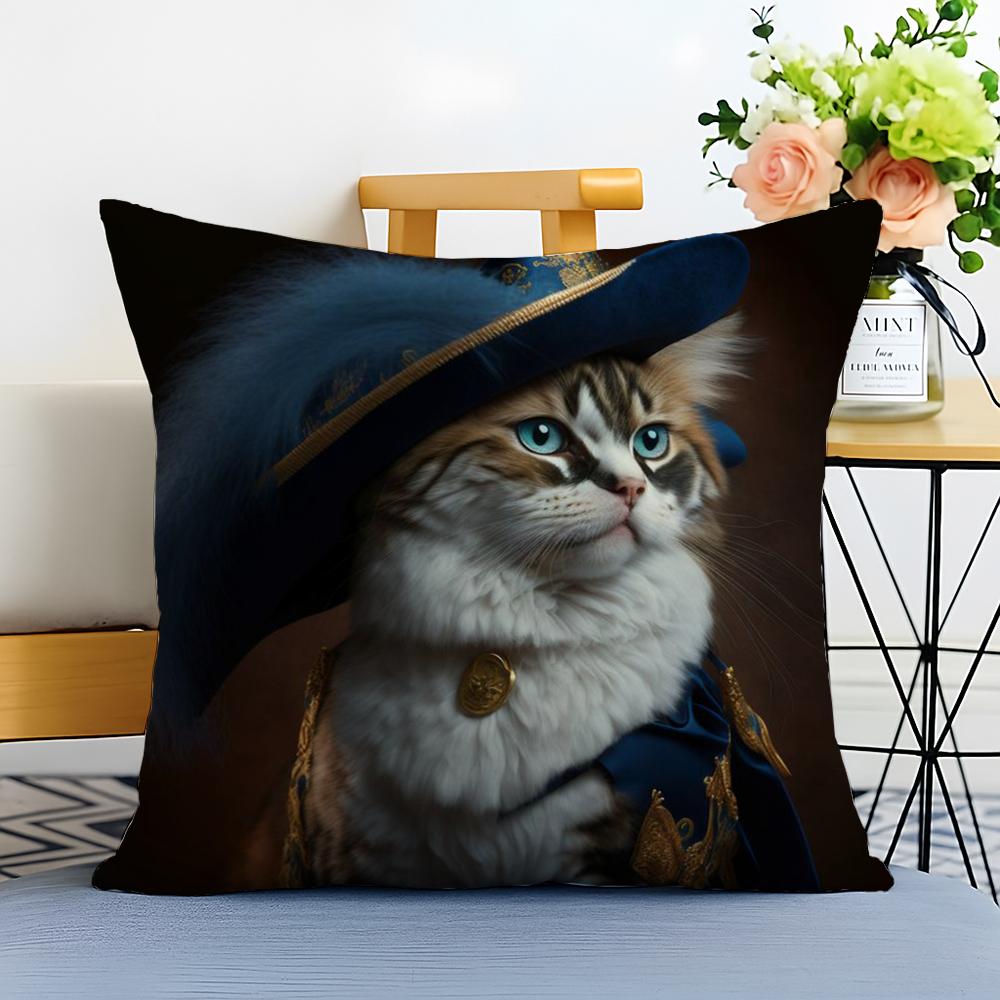 Renaissance Royal Cat Funny Cushion Cover Washable Linen Pillowcase Soft for Sofa Bed Cozy Home Room Decor