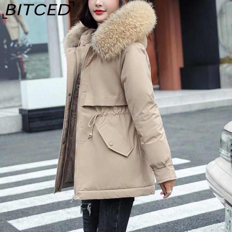 BITCED Women's Winter Mid-Length Cotton Coat with Fleece Lining, Large Fur Collar, Plus Size, Short Waist-Defining Jacket