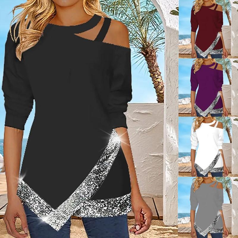 Women's Halterneck Off-shoulder Irregular Sequined Long-sleeved T-shirt