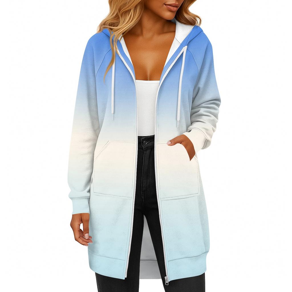Women's Fashionable Printed Long Sleeved Drawstring Hooded Zipper Pocket Long Casual Sweatshirt Jacket