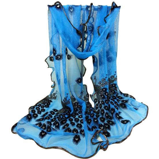 Women Fashion Peacock Flower Embroidered Lace Scarf Long Soft Wrap Shawl Stole