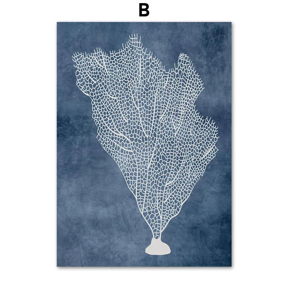 Navy Blue Sea Coral Seaweed Wall Art Canvas Painting Nordic Posters And Prints Beach House Wall Pictures For Living Room Decor