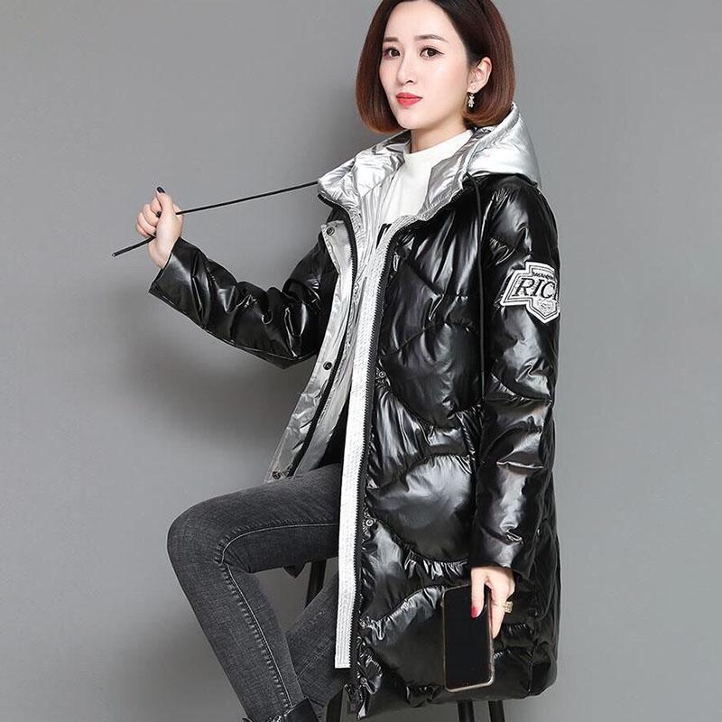 Женское зимнее корейское свободное стеганое пальто, теплая куртка-парка с воротником-стойкой, женская глянцевая куртка средней длины