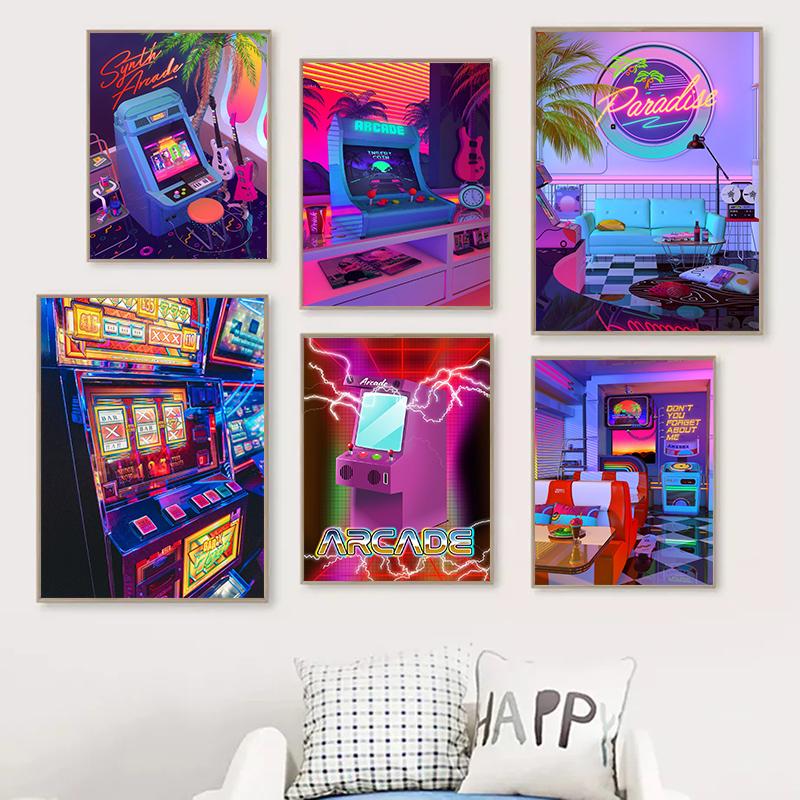 Neon Synthwave Arcade Zone Dream Плакаты Холст Картина Игра Игровая комната Настенная картина для кафе Клубная комната Украшение дома
