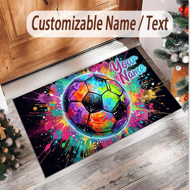 Soccer Theme Soft Crystal Velvet Rug Custom Name & Text Print Non Slip Floor Rug for Bedroom Living Room