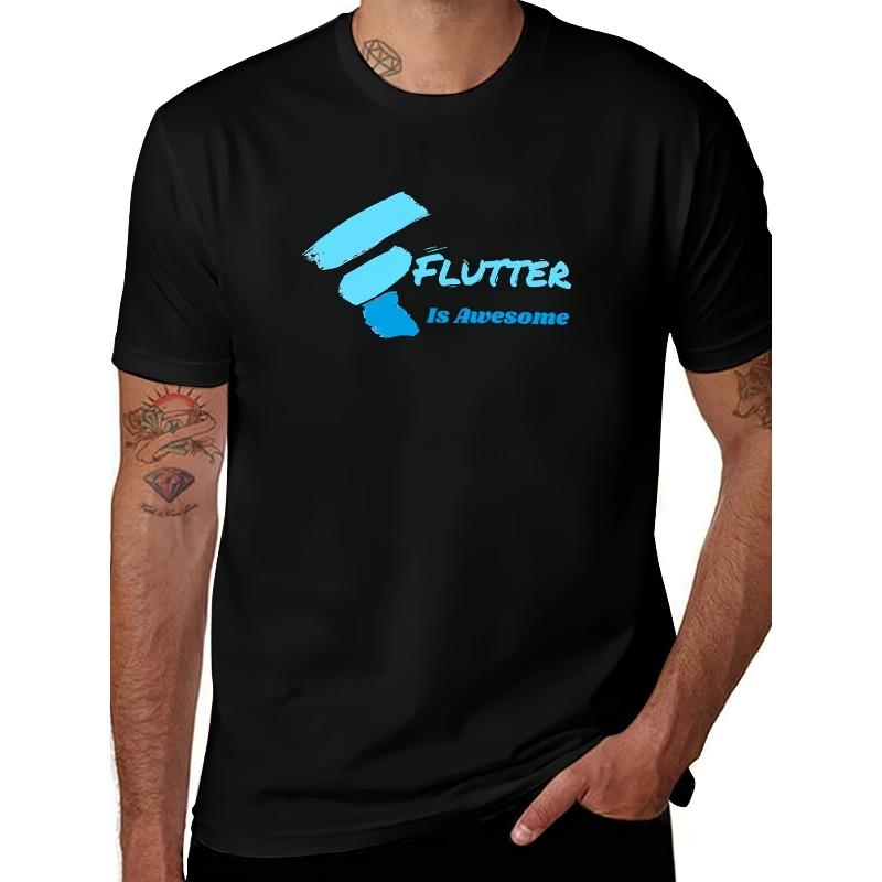 Европейские размеры Мужская футболка Flutter Framework & Dart Programming - Принт с логотипом Flutter и надписью Dart