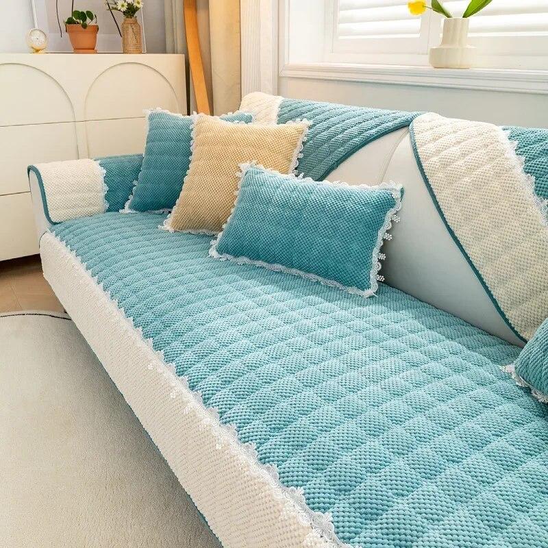 Winter Thicken Plush Sofa Cover White Wide Edge Chaise Lounge Sofa Towel Mat Modern Non-Slip Couch Cover Cushions Living Room