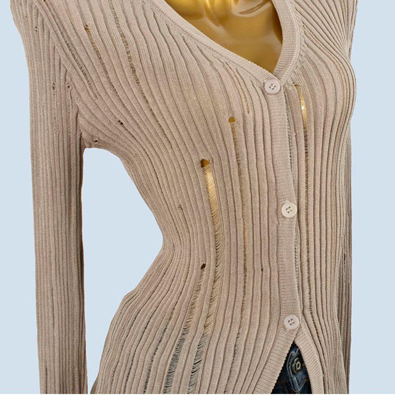 High-Grade Spring and Summer Young Style Single-Breasted Knit Cardigan Slim Fit Slimming Lazy V-neck Hollow Fashionable Top Women