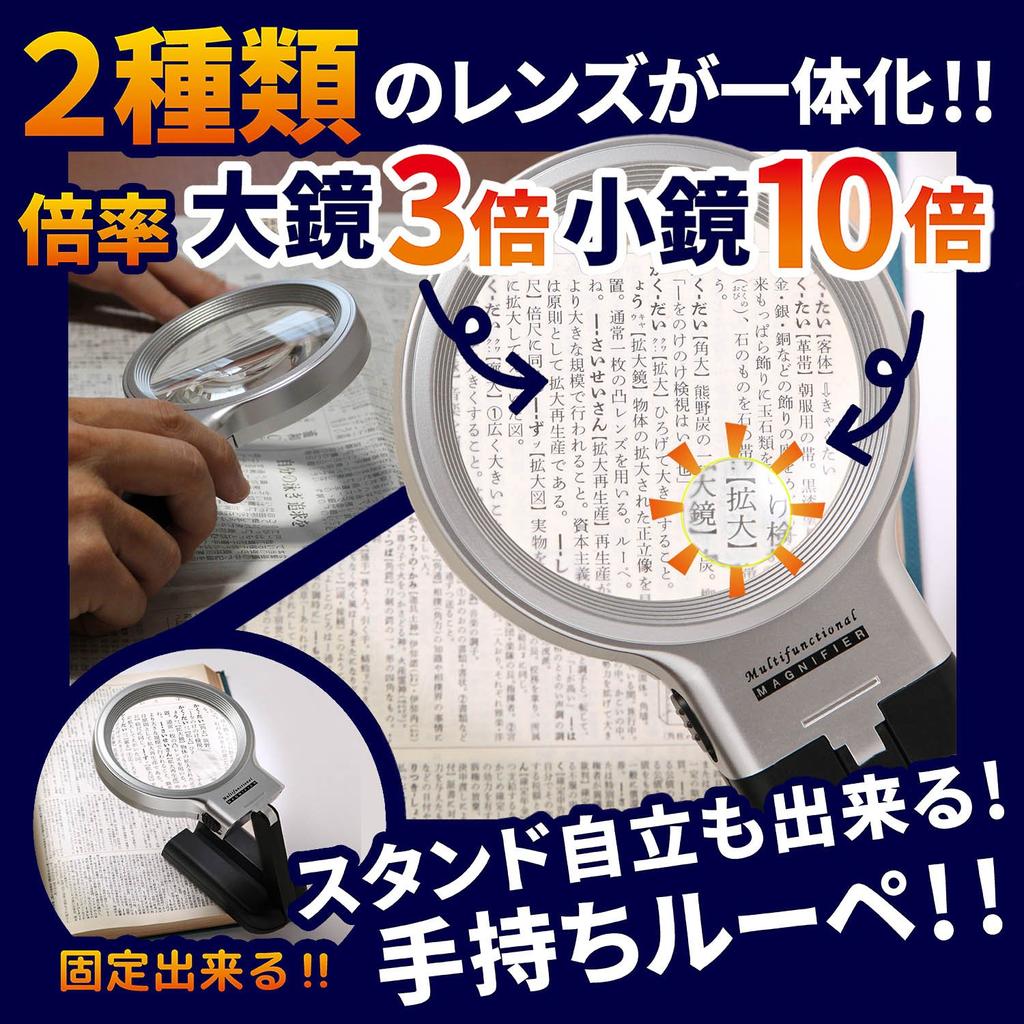 PhoenixLoupe Handheld Stand Loupe 10x Magnifying Glass Loupe with 2 Types of Light [3x & Magnification] Lens/LED