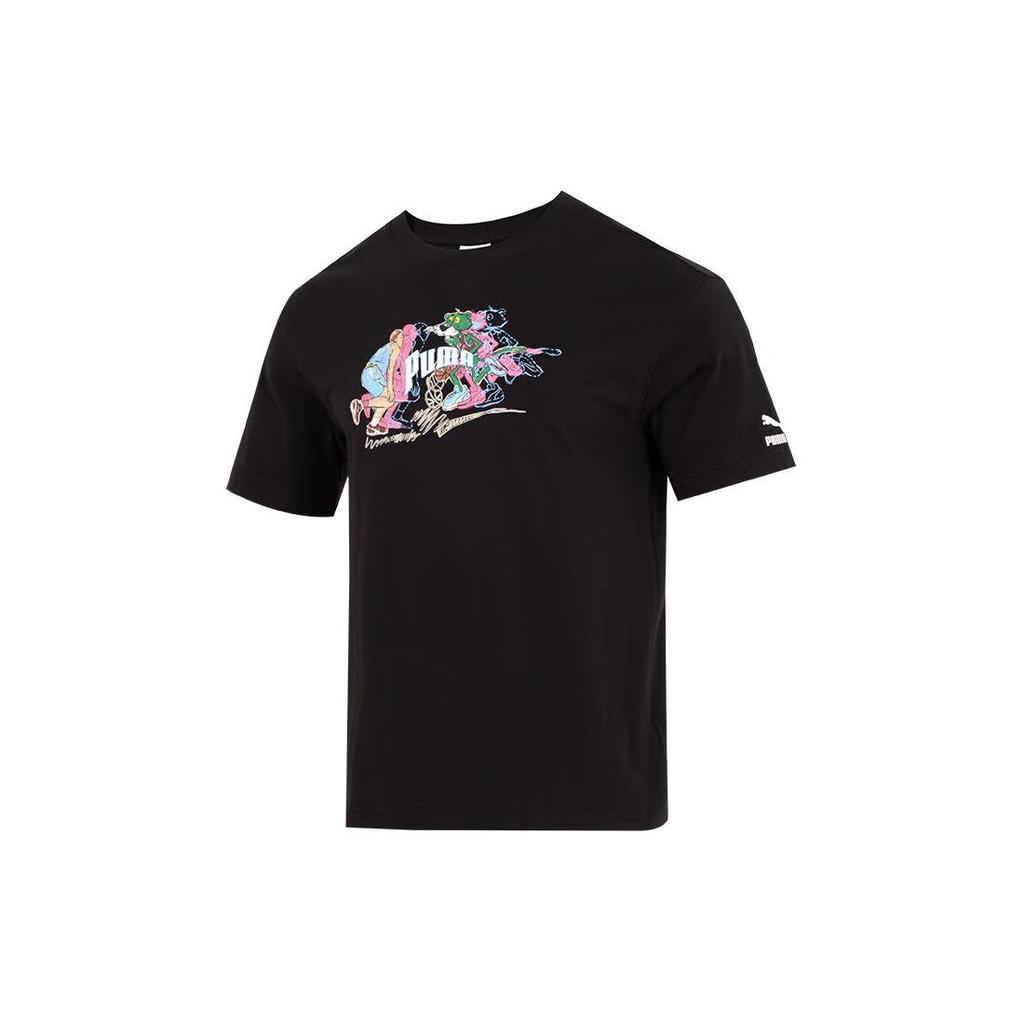 Puma Удобная дышащая повседневная футболка с рисунком аниме для бега, фитнеса и тренировок с круглым вырезом и короткими рукавами, мужские топы, черные 629400-01