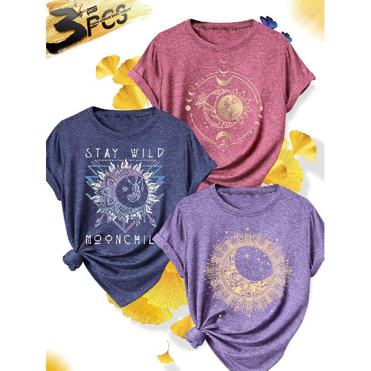 3Elegant plus-size short-sleeve outfit for sisters to attend parties T Shirt Stay Wild Moonchild Printed plus-size women's casual sportswear for