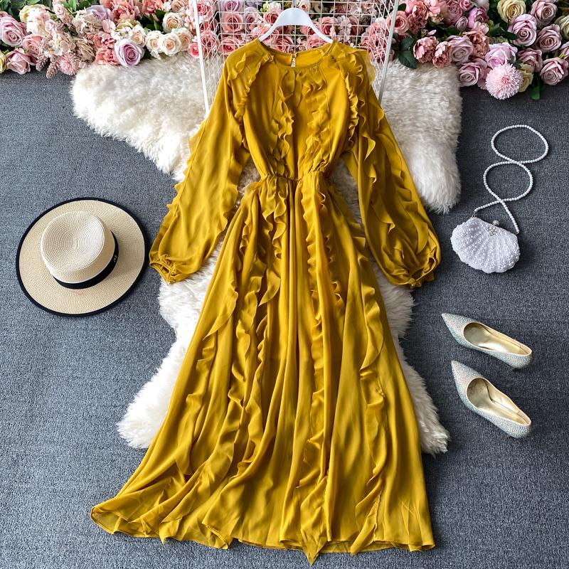 RUGOD 2025 Весна Новое Темпераментное Платье Грибок Женское Платье с Высокой Талией, Длинным Рукавом, V-образным Вырезом, Шифоновое Французское Платье