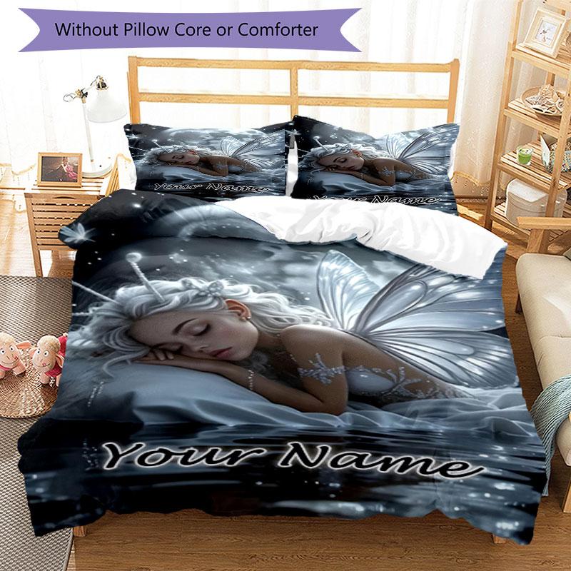 3pcs Custom Name Moonlit Fairy Dreams Bedding Set Printed Bedding Set Duvet Cover Closure Includes 1 Duvet Cover & 2 Pillowcases Bedroom Decor