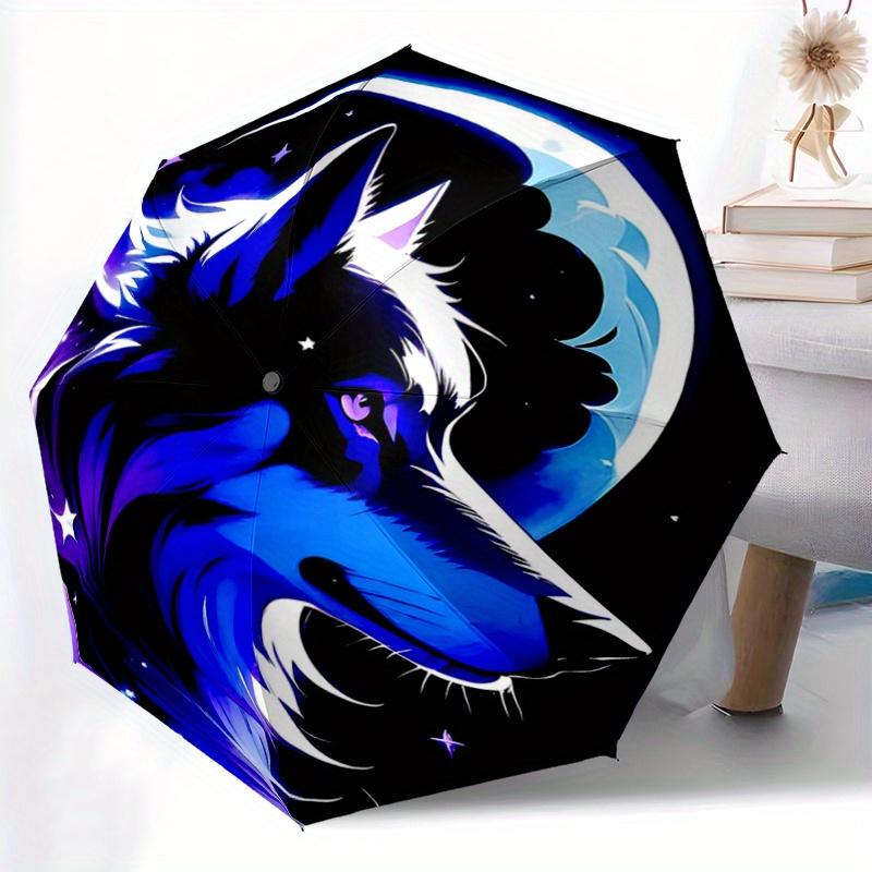 1pc Midnight Wolf Pattern Automatic, 8 Iron Frames, High-Value Folding Umbrella, Suitable for Office, Travel and Outdoor Adventure.A105