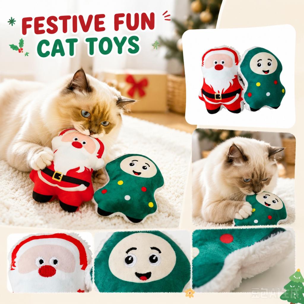 Plush Catnip Toy Set Santa Claus and Cartoon Character Design Soft Stuffed Pet Toy for Cats Interactive Play and Chewing