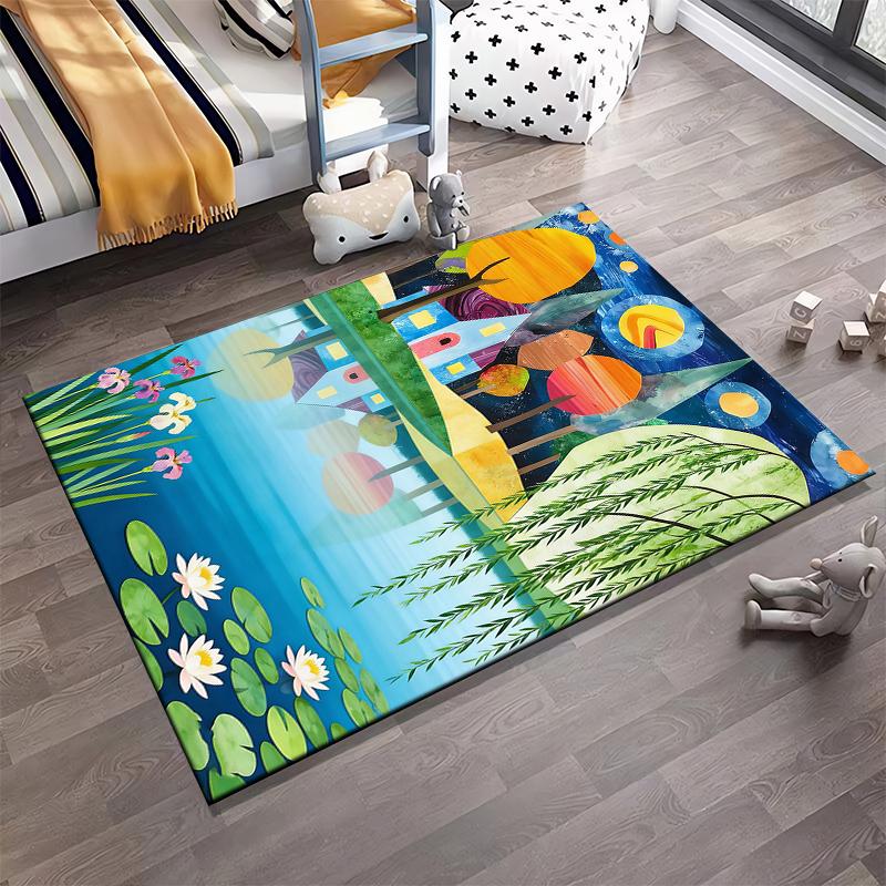 Colorful Artistic Landscape Carpet with House, Trees, and Pond Design Suitable for use as an anti-slip for living room bedroom sofas