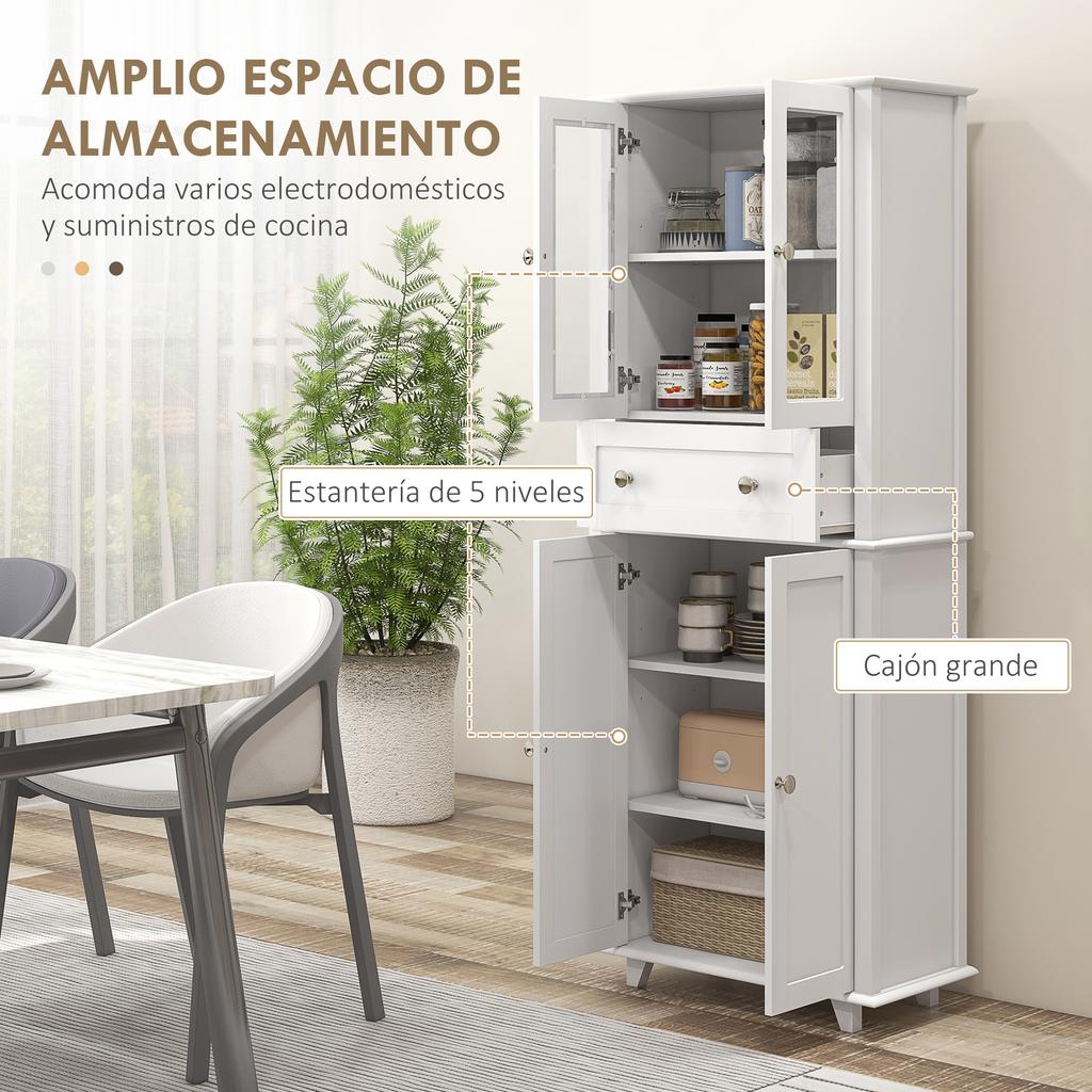 Kitchen Pantry Cabinet Kitchen Cupboard With 2 Tempered Glass Doors Drawer 61x35x168.5 Cm White