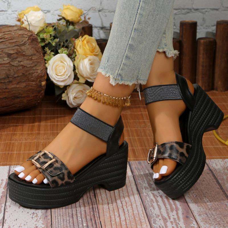 Леопардовый Высокий Каблук Модные Босоножки Женские Летние Большие Размеры Женские Толстые Босоножки