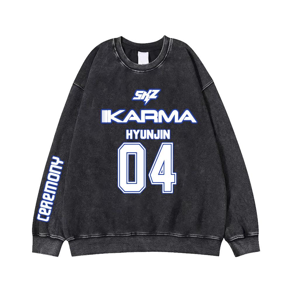 Stray Kids Свитшот с круглым вырезом SKZ Karma K-pop Мерч Название Участника Номер Принт Винтажный Пуловер Повседневная Уличная одежда Унисекс Топы с длинным рукавом для Фанатов