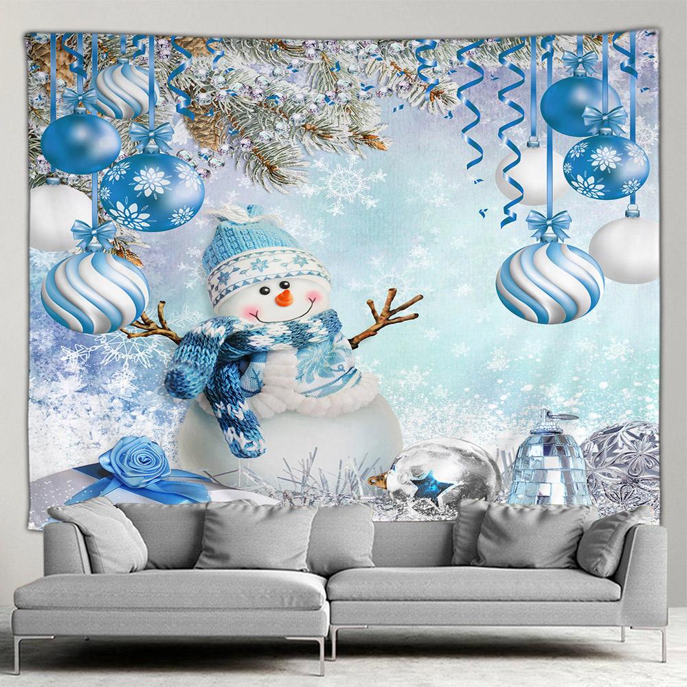 Рождественский камин, большой гобелен, рождественская елка, снеговик, мультяшный кот, ночь, звездное небо, настенное одеяло, фреска